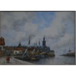 Jan van Couver (1836-1909) - Dutch port, with figure on wharf, watercolour, signed lower right, 25.