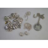 A silver bracelet with various charms attached, mostly silver,