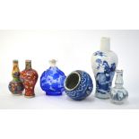 Six small objects comprising: a single blue overlay Chinese Snuff Bottle;