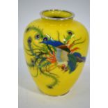 A Japanese lemon yellow cloisonne enamel vase with white metal mounts,