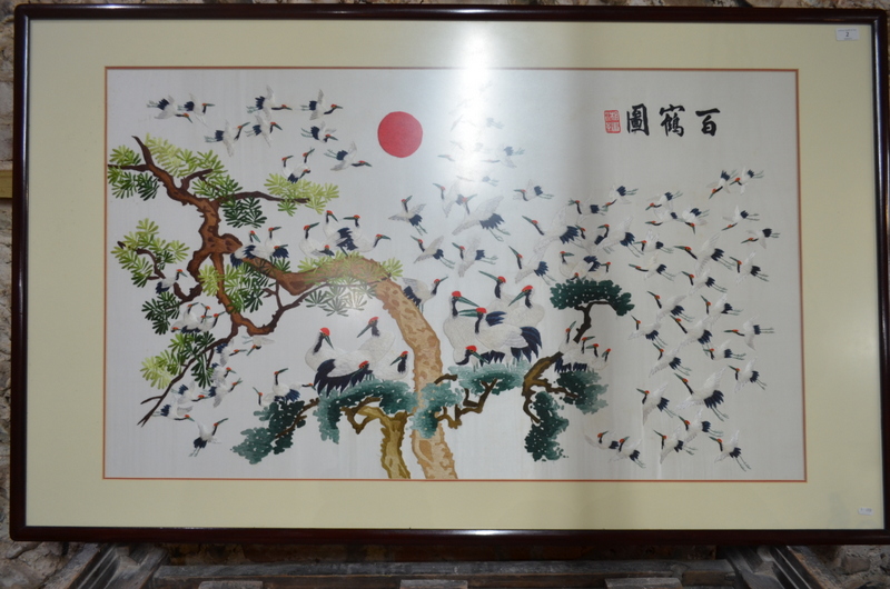 A large framed and glazed textile picture of the Daoist theme depicting a flock of red-capped