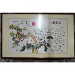 A large framed and glazed textile picture of the Daoist theme depicting a flock of red-capped