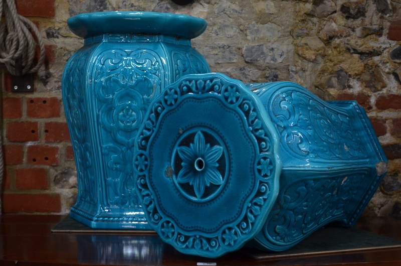 A pair of Minton majolica, turquoise monochrome garden seats, of curved hexagonal form, - Image 4 of 8