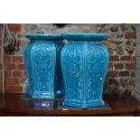 A pair of Minton majolica, turquoise monochrome garden seats, of curved hexagonal form,