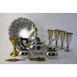 A Viners electroplated three-piece tea service, to/w four goblets,