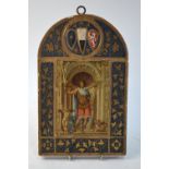 A decorated wood icon with a central figure of The Archangel St.