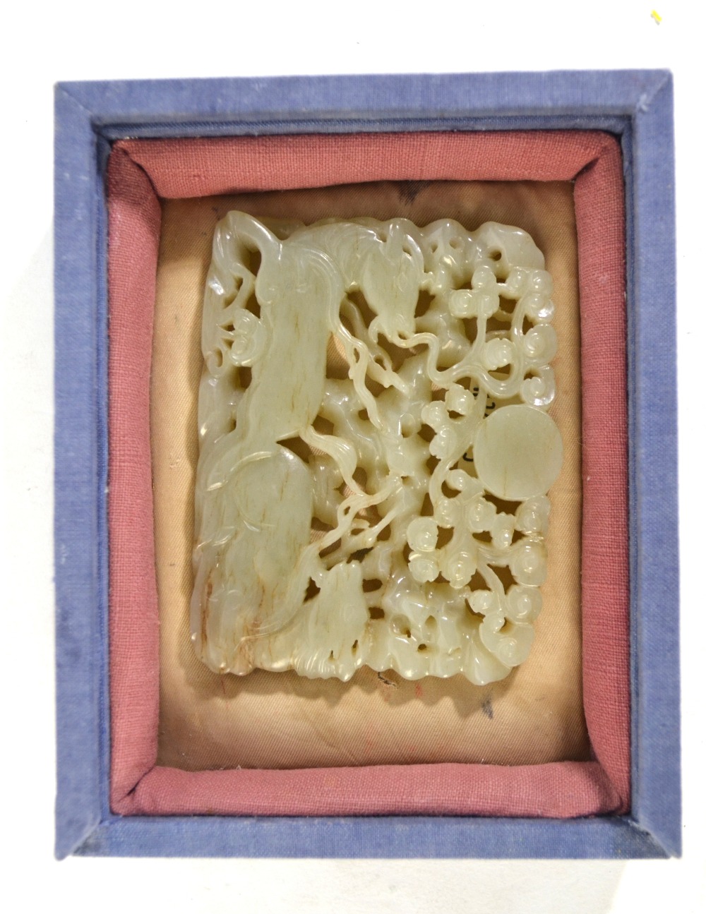 A green jade reticulated plaque of rectangular form decorated with two recumbent goats beside a - Image 2 of 5