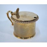 An early Victorian silver drum mustard with shell thumb-piece, gadrooned rim and scroll handle,
