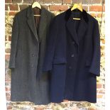 A gentleman's dark navy wool barrathea coat with velvet trim to collar,