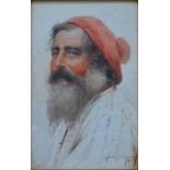 Continental school - Portrait of a bearded gentleman in a red beret, watercolour,