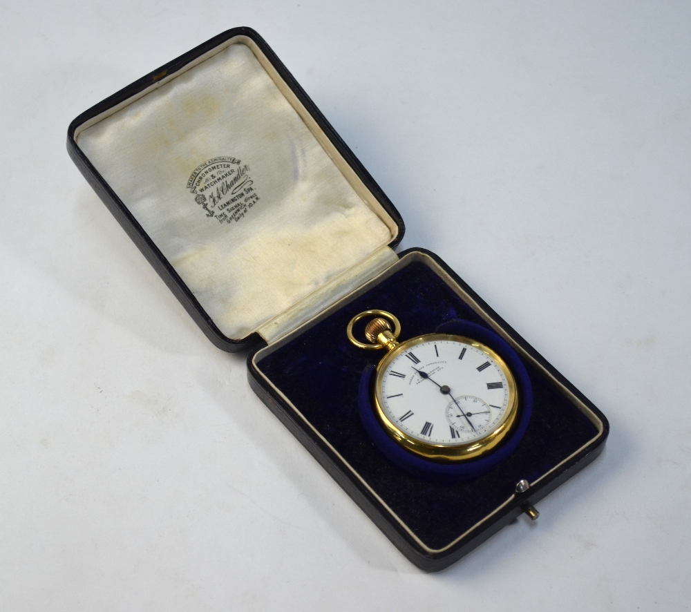 An Edwardian 18ct gold open faced pocket watch with top-wind English movement and enamel dial,