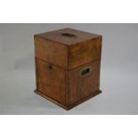 A Victorian burr walnut decanter box of square form with lacquered brass flush fittings and Bramah