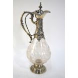 A German wine ewer with finely wheel-etched glass body on 800 grade foot, collar,
