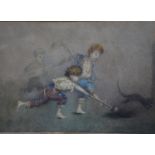 Fanny Prince - Children chasing cat with broom, watercolour, indistinctly signed lower right, 25.