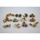 Eight pairs of stone set earrings, mostly yellow metal set including cultured pearls, amethyst,