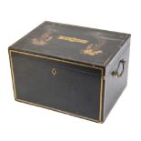 A black ground lacquered tea box with hinged cover, named to the Hepburn family,