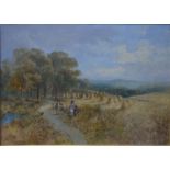 English school - Figures on a country lane at harvest time, oil on canvas,