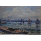 CPP - A busy shipping channel, watercolour, signed with monogram and dated lower right,