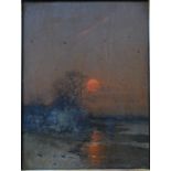 Heinz Flockenhaus (German, 1856-1919) - A river landscape at sunset, oil on panel,