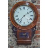 A late 19th century 8-day walnut drop dial wall clock with white enamelled dial