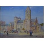 Pierre Le Boeuff (fl 1899-1920) - Market square with church, watercolour, signed lower right,