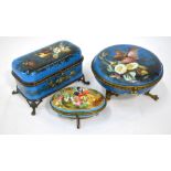 Three French porcelain boxes with gilt metal mounts, bleu ciel ground, painted with songbirds,