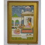 An Indian picture, possibly Pahari style from Northern India, depicting two girls beside an elegant,