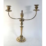 A large plated on copper twin-branch candelabrum with three sconces,