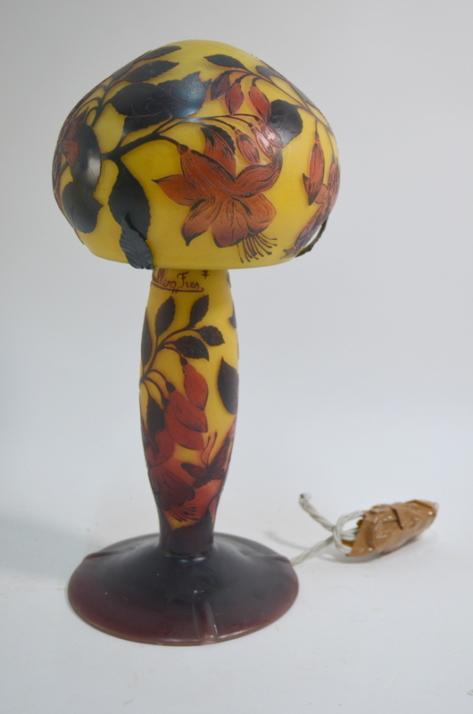 A Muller Freres Cameo Glass lamp on conical,