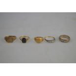 A mixed lot of five rings including five stone diamond ring,