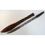 An African sword with 63 cm blade and woven leather handle and scabbard,