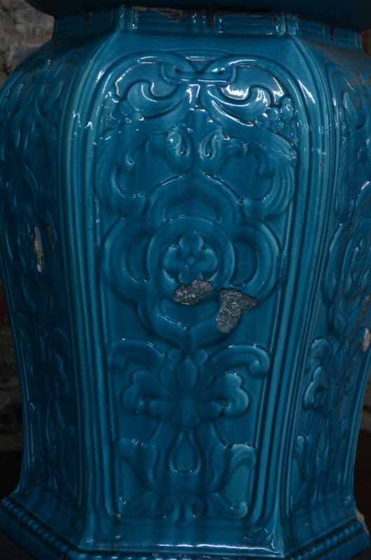 A pair of Minton majolica, turquoise monochrome garden seats, of curved hexagonal form, - Image 2 of 8