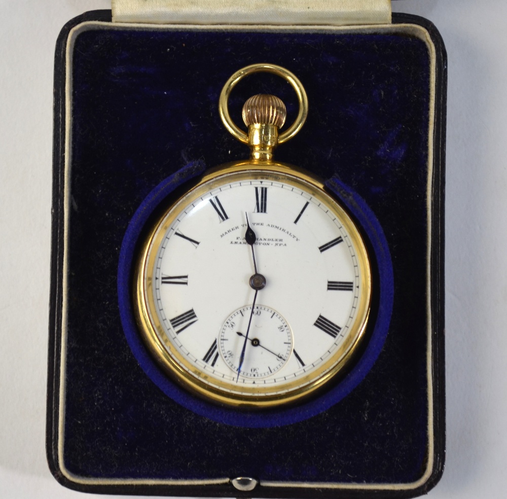 An Edwardian 18ct gold open faced pocket watch with top-wind English movement and enamel dial, - Image 2 of 7