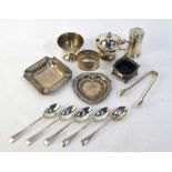 Various oddments of silver including pin dish, ashtray, condiments, teaspoons and sugar tongs,