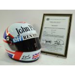 A Formula 1 motor racing replica crash helmet for Nigel Mansell to/w a framed facsimile of his FIA