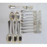 Eight various OEP silver dessert forks and five spoons, to/w a Wm.
