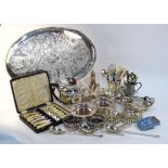 An epns oval wine tray with pierced gallery, to/w a pierced bonbon dish, thistle-shaped sugar basin,