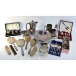 Various silver oddments, including brushes, combs and hand mirror, cigarette box, button hook,