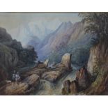 Continental school - A mountain and waterfall view with figures and dog on a rocky outcrop,