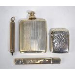 An engine-turned silver handbag scent atomiser with electroplated patent top, Birmingham 1928,