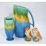 An Art Deco Beswick jug, 28 cm high and matching twin handle vase, 19 cm high,