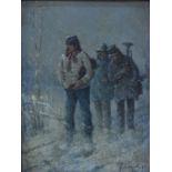 Joseph Kinzel (Austrian, 1852-1925) - Three musicians in the snow, oil on panel,