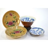 A pair of cafe-au-lait ground famille rose dishes;