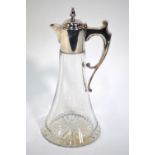A modern glass claret jug with flared body and silver collar, cover and handle, maker C S,