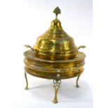 A gilt metal incense burner or other cylindrical vessel with pierced domed cover and shell handles;