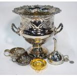 A silver taste-vin, Birmingham 1969, to/w an electroplated urn-shaped wine cooler,