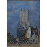 French school - 'St Omen', Breton church and market scene, watercolour with heightening,