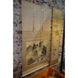 Two Asian scroll pictures, comprising: a Japanese kacho-ga of birds and bamboo,