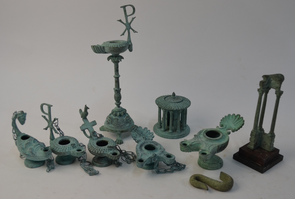 Six various verdigris-patinated bronze reproduction Roman oil lamps to/w a similar miniature ruined - Image 2 of 4