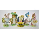 Six Beswick Beatrix Potter characters: Mrs Rabbit; Benjamin Bunny; Little Pig Robinson;